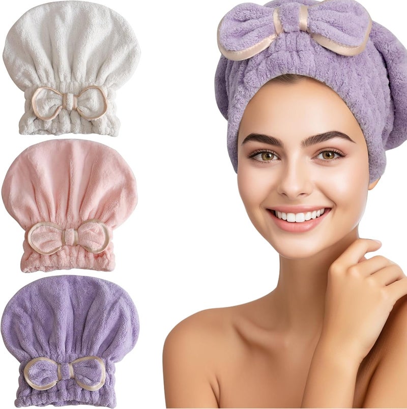 Microfiber Hair Towel Caps for Wet Hair with Cute Bowtie, 3Packs Fast Drying Hair Towel Caps for Long Curly Hair Women